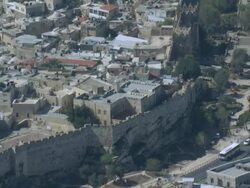 Aerial Nablus gate in the old city of Jerusalem, Israel, Jerusalem, Judea mountains Stock Footage
