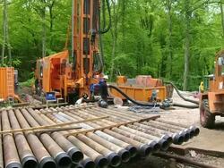 MS TU Shot of Well drilling for water works / Konz, Rhineland-Palatinate, Germany Stock Footage