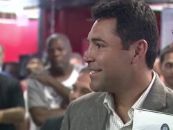 Oscar de la Hoya and and representative from the Brooklyn Borough President's office at the Oscar de la Hoya Leads Boxing Clinic for Teenage Boxers of USA Boxing Metro Stock Footage