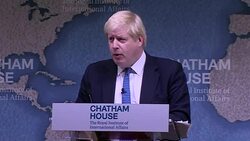 UK Foreign Secretary Boris Johnson gives first Major Speech at Chatham House in London News Clip