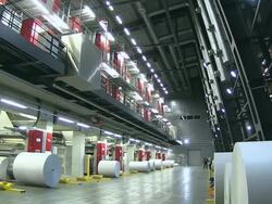 MS PAN Shot of web press at newspaper printing office / Russelheim, Hesse, Germany Stock Footage