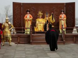MS Shot of people dressed as ancient emperor and queen and officials when hold ceremonies to worship heaven / Xian, China Stock Footage
