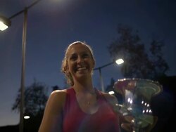 CU, LA, Young female tennis player holding trophy, dusk, Santa Barbara, California, USA Stock Footage