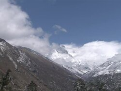 WS View of hotel located at Khumbu Valley infront of Mount Ama Dablam and Mount Everest / Tengboche,  Khumbu Region, Nepal Stock Footage