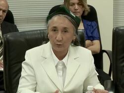 2009 MS Rebiya Kadeer, president of the World Uygur Congress, speaking at press conference with translator about the situation of the Uygur people after September 11/ Washington D.C., USA/ AUDIO Stock Footage