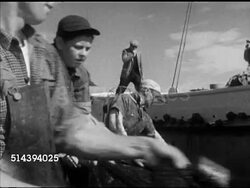 1952: PORTLAND HIGH SCHOOL WORKSHOP: VS Sardine fishermen on row boat pulling in, by hand, net from Portland Harbor, Dr. James Flanagan & Portland H.S. students watching, observing from separate boat. Maine, ME, catch Instructional Video