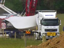 MS TS Shot of Turbine blade arriving on truck / Macarthur, Victoria, Australia Stock Footage