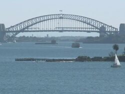 WS Sydney harbour bridge with sailboat / Sydney, New South Wales, Australia     Stock Footage