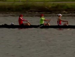 WS POV Women's crew team rowing  in unison on Charles River AUDIO / Cambridge, Massachusettes, United States Stock Footage