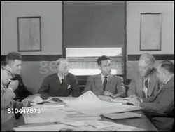1949: ELIZABETHTOWN CITY HALL: WS City hall building, pedestrians. DRAMATIZATION: VS Civic leaders in meeting '...Elizabeth street system was never laid out to meet the present day traffic...' 'What we need is a master plan.' Instructional Video