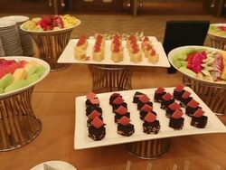 Fruit and dessert decorate for wedding party, dolly shot Stock Footage