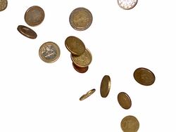 Euro coins falling against white background, slow motion Stock Footage