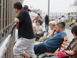 Japanese people on observation deck at Narita International Airport Stock Footage