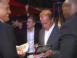 Dolph Lundgren, Arnold Schwarzenegger, Terry Crews at Arnold Schwarzenegger celebrates the launch of his autobiography, TOTAL RECALL with a party at LA's Mixology101 on 10/5/12 in Los Angeles, CA. Stock Footage