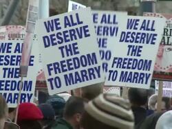 2009 MS PAN People holding placards at a rally in support of same-sex marriage/ San Francisco, California, USA/ AUDIO Stock Footage