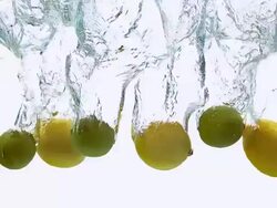 CU SLO MO Shot of Yellow Lemons, citrus limonum and Green Lemons, citrus aurantifolia, Fruits falling into Water and splashing against White Background / Calvados, Normandy, France Stock Footage