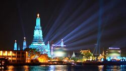Wat Arun and billbroad in New Year celebration, Bangkok, Thailand Stock Footage