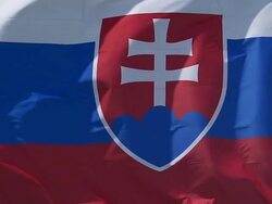 CU SLO MO Shot of Slovakia Flag Waving in Wind / Caen, Normandy, France Stock Footage