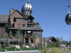 Ski gondolas near lodge in autumn Stock Footage