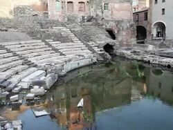 Catania, view of the orchestra and the cavea of the Roman theater, 1st century A.D. on an early Greek theater Stock Footage