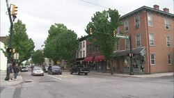 Traffic moves through downtown Gettysburg, Pennsylvania. Stock Footage