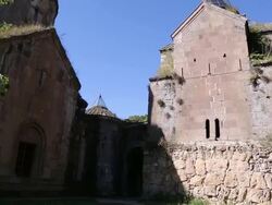 Goshavank monastery, exterior view of the scriptorium-belfry Stock Footage