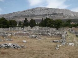 View of the Episcopal center and the mountains on the background, Salona Stock Footage