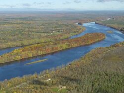 WS ARIEAL View of Road along Penobscot river / Maine, United States Stock Footage