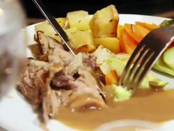 CU View of plate with lamb and vegetables / Aswan, Egypt Stock Footage
