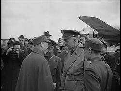B/W 1945 George Marshall greeting + shaking hands with men at airport / China / documentary Stock Footage