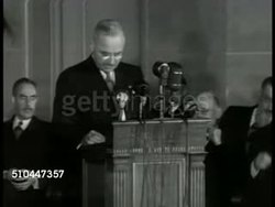 1949: U.S. PRESIDENT TRUMAN SPEECH:  MS President Harry S Truman (1884-1972) speaking at podium, '...nations... joined by democracy, individual liberty & rule of law... pact giving recognition.' NATO, North Atlantic Treaty, Washington D.C. Instructional Video