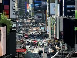 View looking towards Times Square New York Manhattan thronged with tourists on a busy day, North America, USA Stock Footage