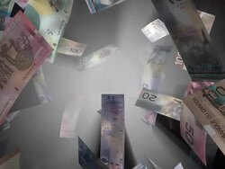 (Loop) Falling Canadian Currency with Rays Stock Footage