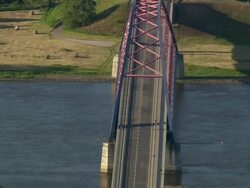 MS AERIAL ZO Shot of new bridge on Elbe river / Germany Stock Footage