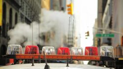 NYPD Police Car on Times Square in New York City With Emergency Lights Beam bar Stock Footage