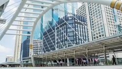 Bangkok metro station junction with landmark and people walking for public transportation Stock Footage