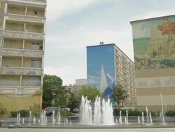 Children plaing in fountain,Murs Peints Les Cities Ideales,Ideal City Murals in the Etats Unis area of Lyons,ZO Stock Footage