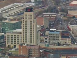 WS AERIAL View of Durham cigarette companies / North Carolina, United States Stock Footage