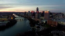 Capital City Turning Camera Angle high over ATX Aerial Drone Shot Austin Texas Stock Footage