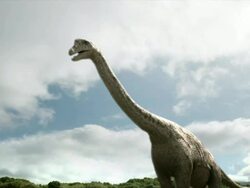 Low Angle pan-right push-out zoom-in - A dinosaur lumbers over the dirt as a smaller dinosaur chases it. / Dallas, Texas, USA Stock Footage