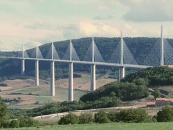 MS View of Millau viaduct spaning Tarn Valley / Millau, Aveyron, France Stock Footage