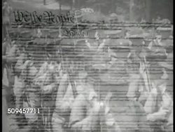 1936: U.S. CONSTITUTION: Opening paragraph of US Constitution superimposed over VS Capitol building, Congress in session, army marching, battleships at sea, supreme court building. CU Signatures on Constitution. MS Constitution in case. Washington DC Instructional Video