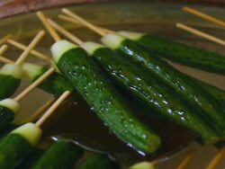 CU Shot of cucumbers pickled in seaweed flavored ice water and served on stick / Ohara, Kyoto, Japan Stock Footage