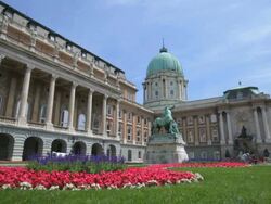WS View of garden with flower in front of building of palace art galleries / Budapest, Hungary Stock Footage