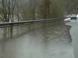  WS View of floodwater at saar river  /  Kastel-Staadt, Rhineland-Palatinate, Germany  Stock Footage