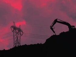 FAST MOTION: Construction machinery near electricity pylon Stock Footage