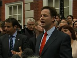 Brown bids to remain PM, Cameron and LibDem leaders reax News Clip