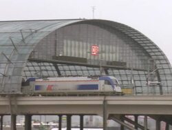 WS PAN View of Train moving from Berlin Hauptbahnof station / Berlin, Germany Stock Footage