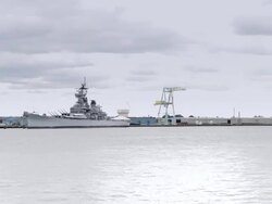 New Jersey shore with battleship seen from Philadelphia Stock Footage