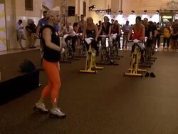 ATMOSPHERE - Contest winners, guests and signage - Kristen Bell And American Express - SoulCycle Ride Celebrating Epic Everyday Getaway Stock Footage